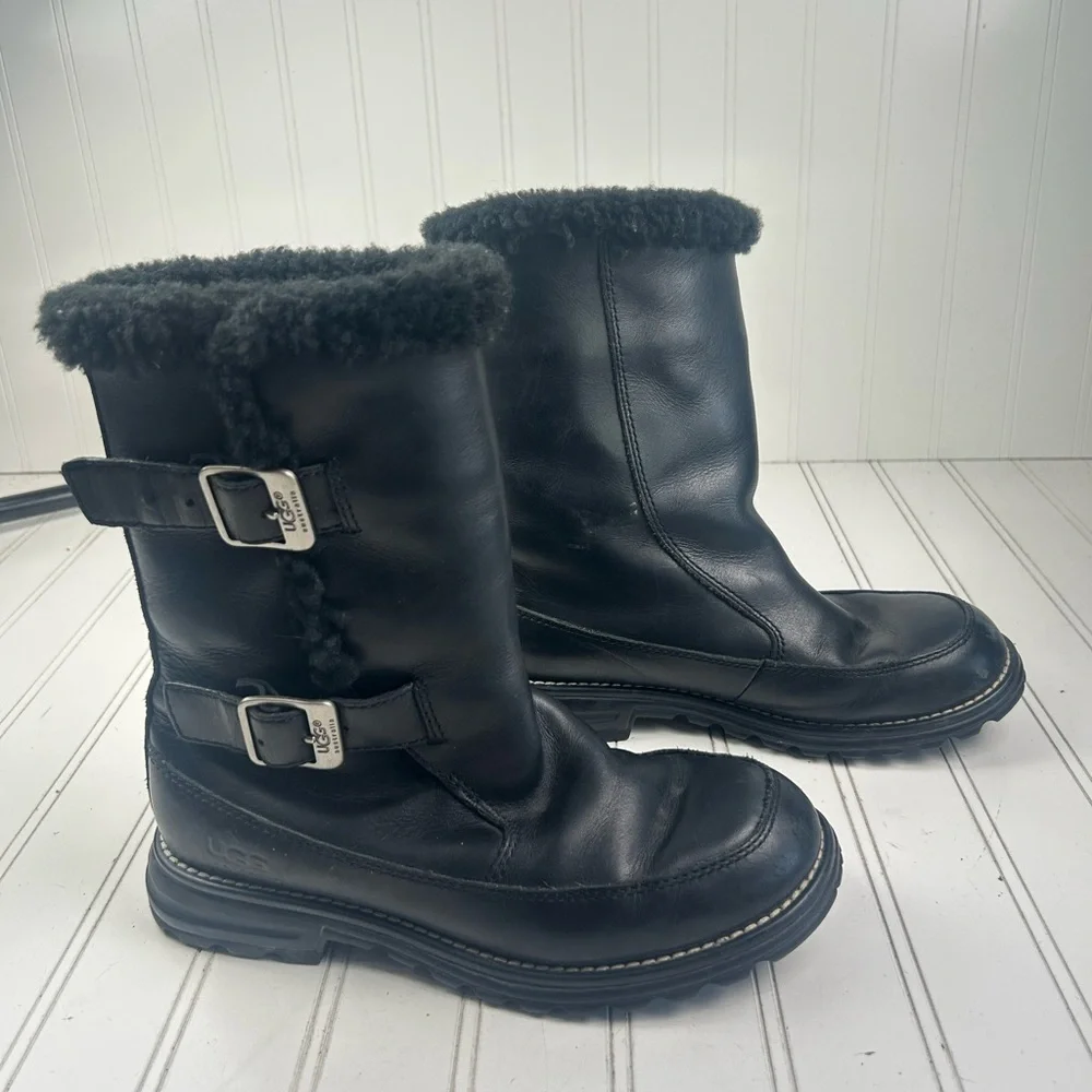 UGG Vintage Larkspur Black Leather Shearling Buckle Boots Women’s Size 6